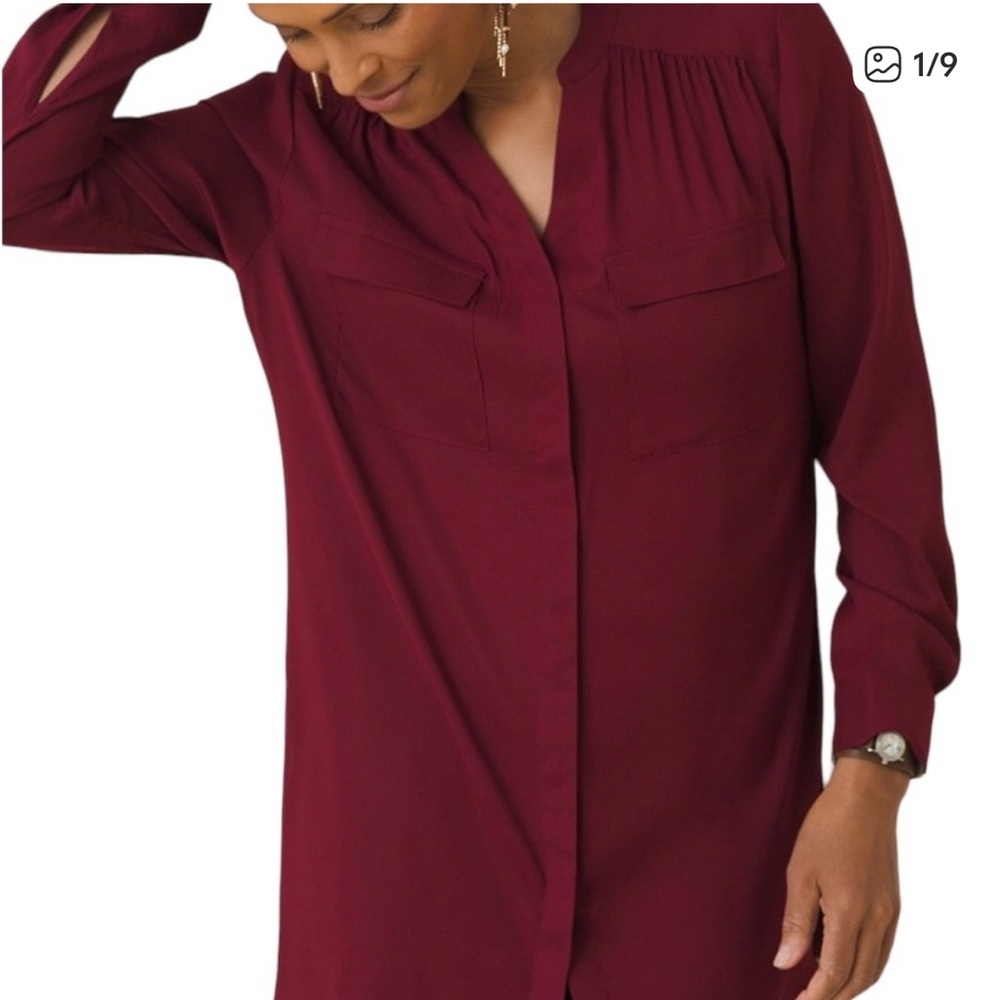 Chico's Wine Red Button Front Silky Tunic Blouse 1(8)